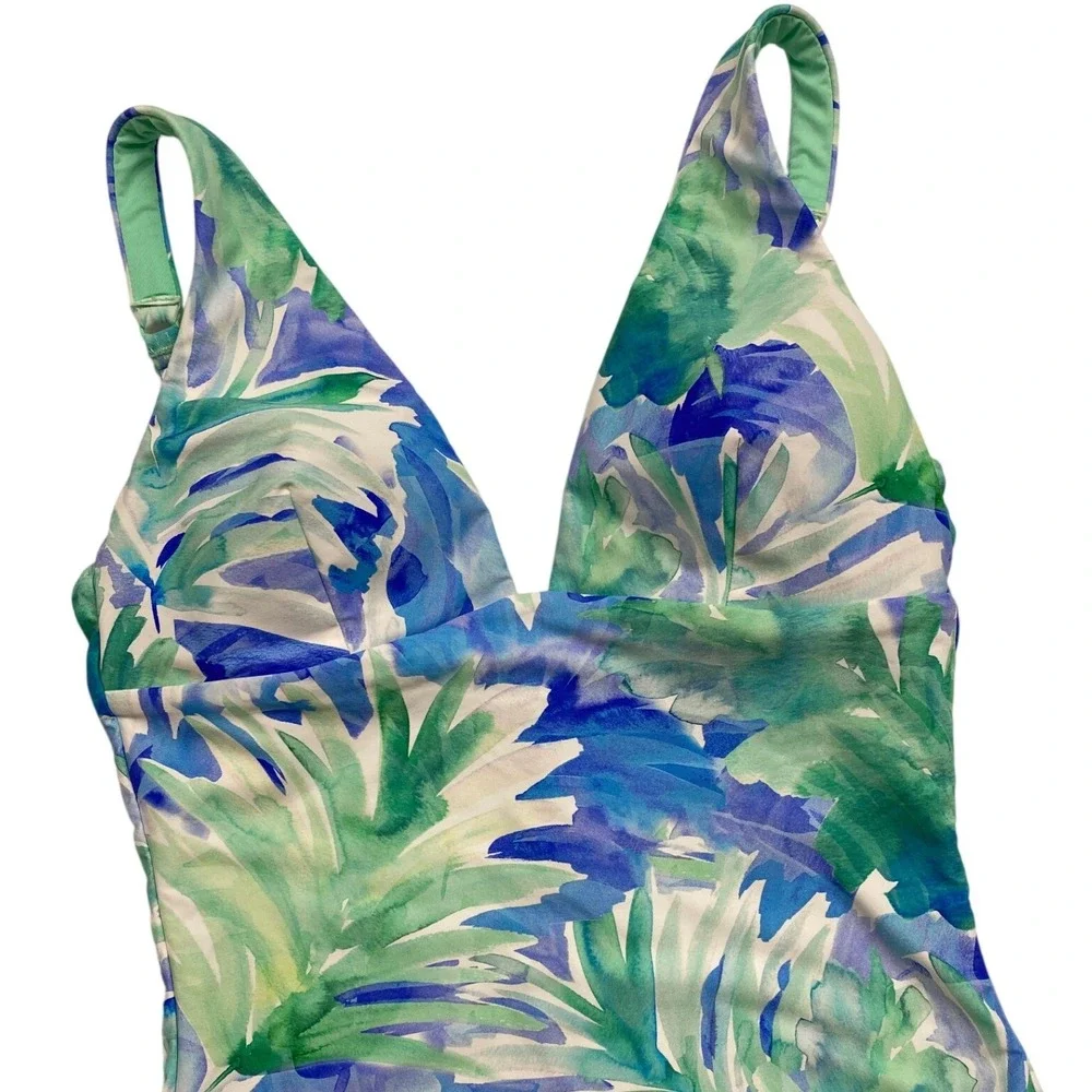 NWT, Sea Level Swim Tropical Palm V-neck Blue Green One Piece Swimsuit Size 4